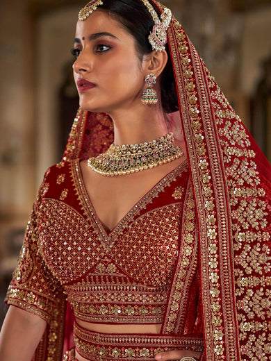 Mesmerizing Red Zari Work Silk Bridal Lehenga Choli With Double Dupatta